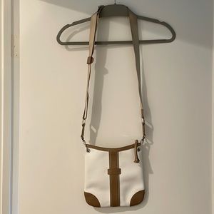 Longchamp white canvas, deep crossbody bag.